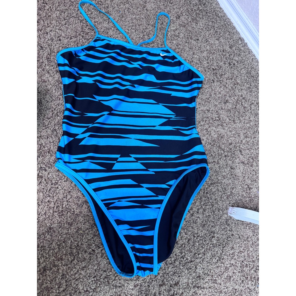 Nike Reversible One Piece Swimsuit Blue Black Geometric Stripe Sporty Size L